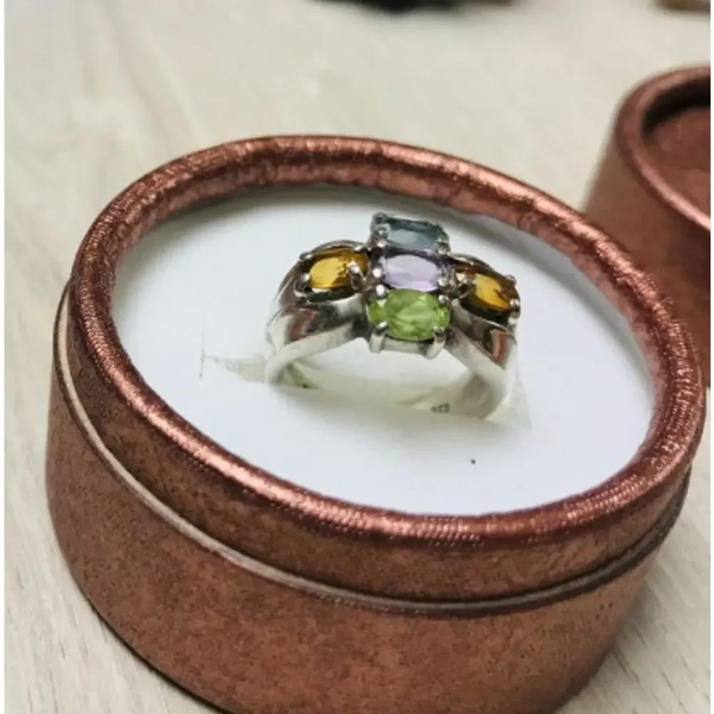 925 Sterling Silver Multi Gemstones Ring Size 6.5